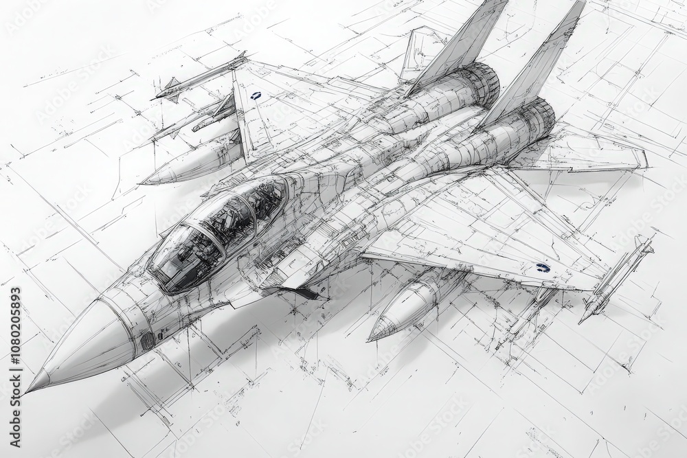 A detailed technical sketch outlines the design of a jet fighter, highlighting its engineering features, aerodynamics, and structural components in a precise, intricate format.