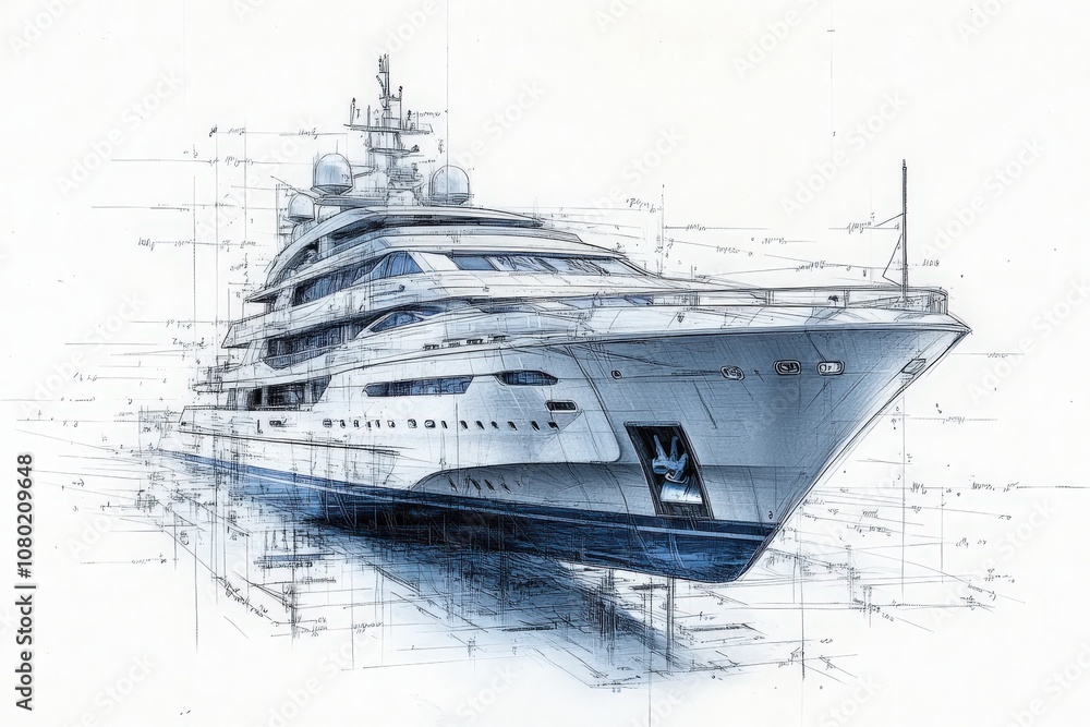A detailed technical sketch outlines the design of a luxury yacht, showcasing intricate features and construction elements. The drawing highlights the yachts elegant lines and functional aspects.