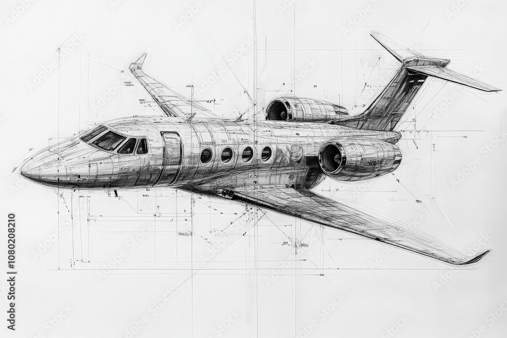 A detailed technical sketch outlines the design of a private jet, showcasing intricate measurements and annotations for engineering purposes.