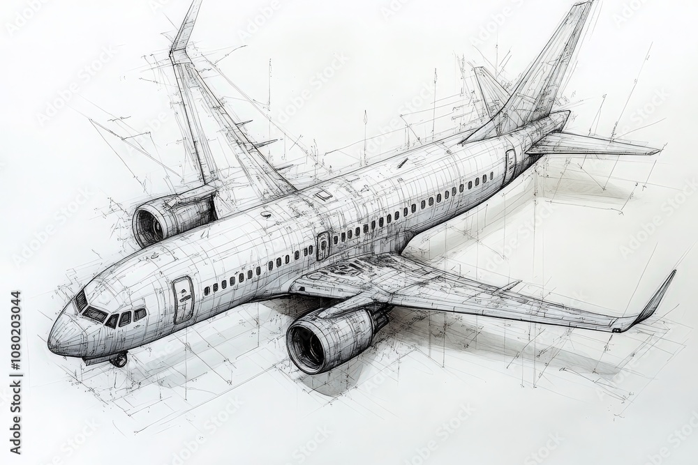 A detailed technical sketch reveals an aircraft design viewed from above, highlighting the structural components, engine placement, and aerodynamic features, ideal for commercial application.