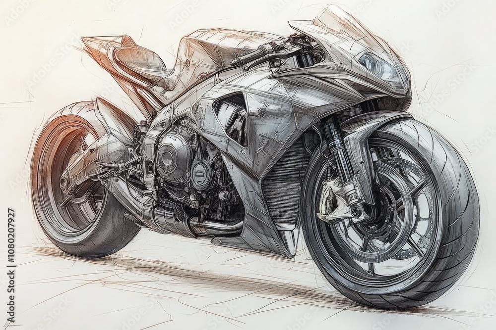 A detailed technical sketch showcases a contemporary motorcycle design, emphasizing streamlined contours and advanced features.