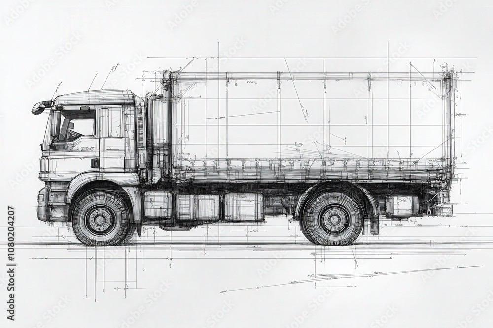 A detailed technical sketch showcases a delivery truck, highlighting its dimensions, structural elements, and design features. The drawing emphasizes accuracy in the trucks outline.