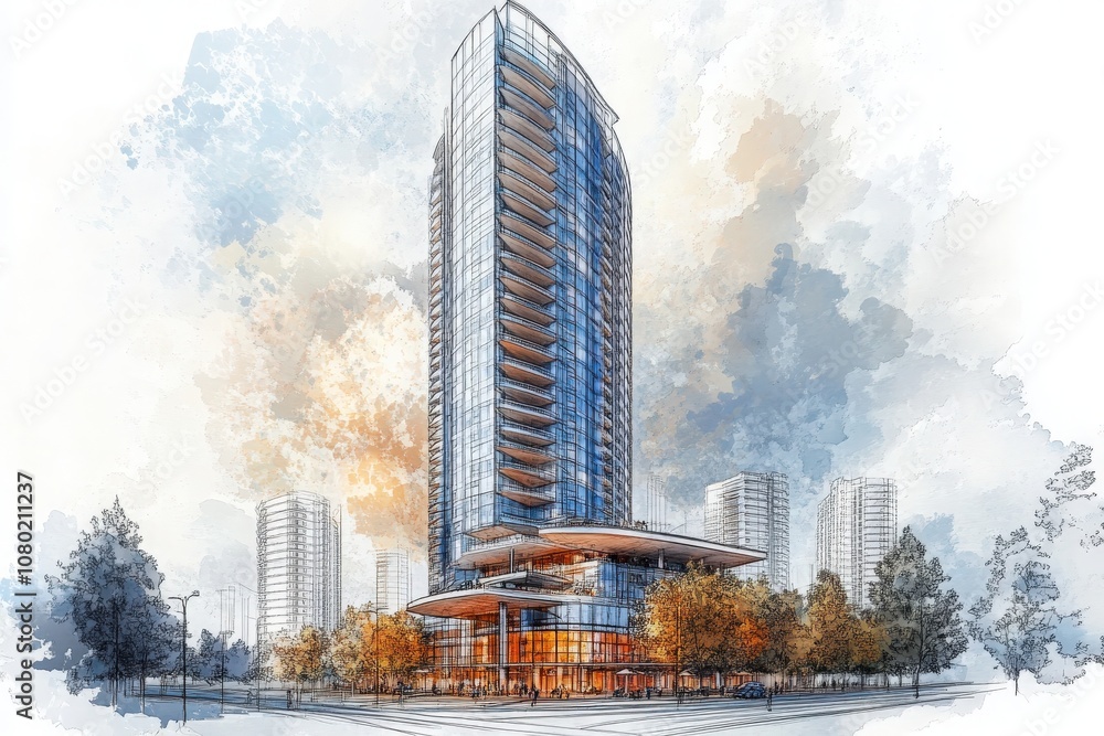 A detailed technical sketch showcases a high-rise building with a sleek design, featuring glass elements and an inviting entrance. Surrounding trees and other structures enhance the urban ambiance.
