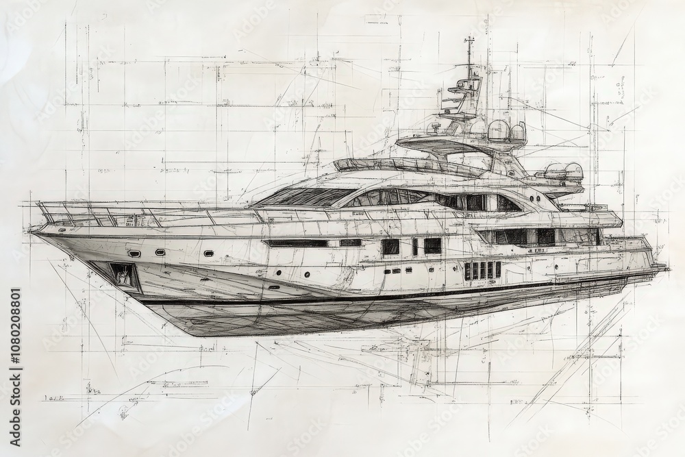 A detailed technical sketch showcases a luxury yacht, featuring precise lines and annotations that highlight its design elements.
