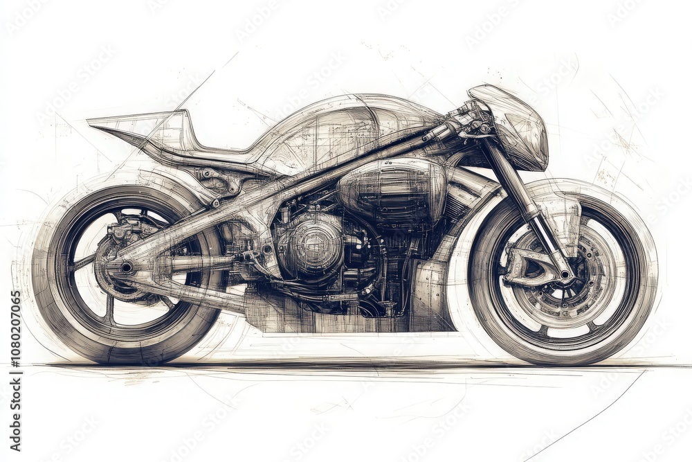 A detailed technical sketch showcases a modern motorcycles unique design, focusing on its structure, engine placement, and aesthetic features, highlighting innovative engineering principles.