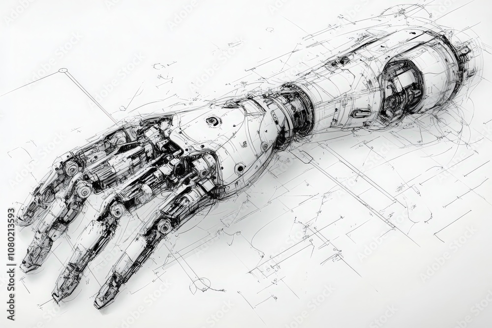 A detailed technical sketch showcases a robotic arm, illustrating its mechanical structure and key features involved in its design, including joints, sensors, and potential functionalities.