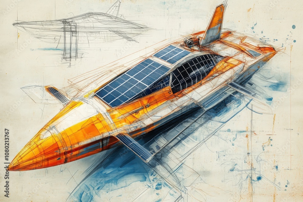A detailed technical sketch showcases a solar-powered boat design. The drawing highlights the sleek shape, solar panels, and innovative features, emphasizing sustainable maritime technology.