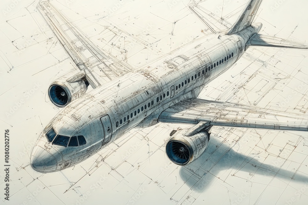 A detailed technical sketch showcases an aircraft design intended for commercial use. The drawing highlights structural components and engineering specifications.
