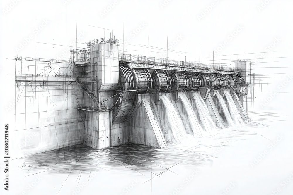 A detailed technical sketch showcases the design of a hydroelectric dam, highlighting components like water gates, structural supports, and the surrounding water flow.