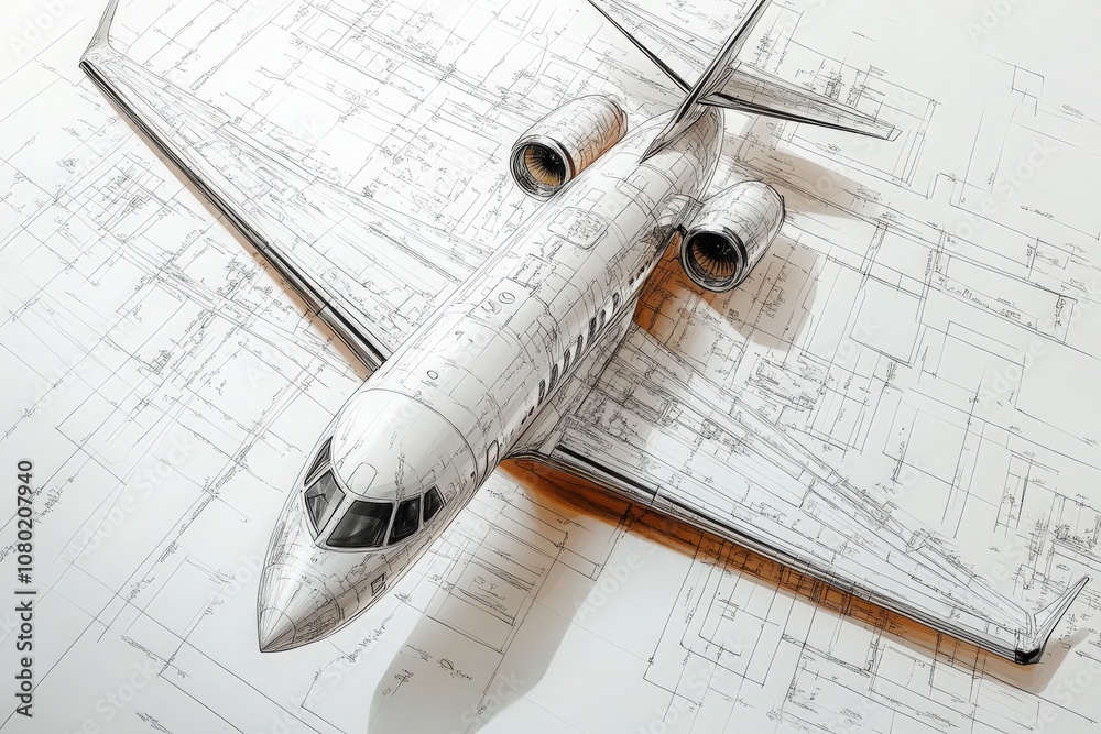 A detailed technical sketch showcases the design of a private jet, featuring intricate schematics and plans laid out on a drafting table, illustrating its advanced aerodynamics and engineering.