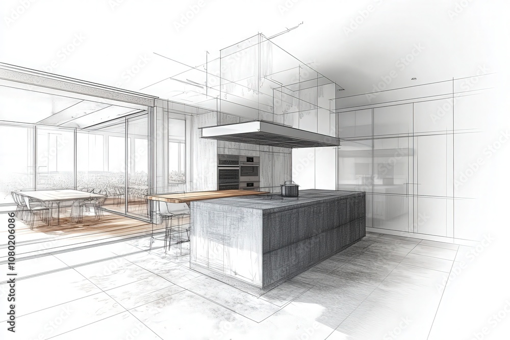 A detailed technical sketch showcasing a contemporary kitchen layout with a central island, sleek cabinetry, and an open dining space illuminated by natural light, ideal for modern living.