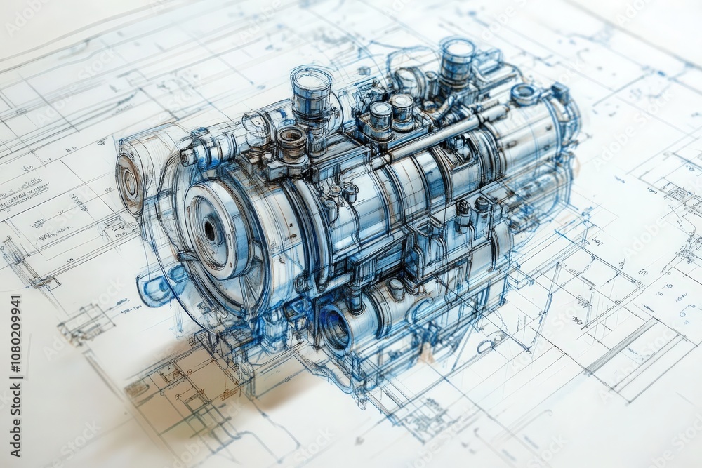 A detailed technical sketch showcasing an automobile engine design rendered on blueprint paper. The drawing illustrates various components and engineering specifications.