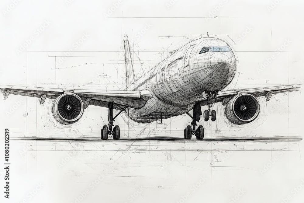 A detailed technical sketch shows a commercial airplane from a frontal view, highlighting its features and engineering design for a flight presentation.