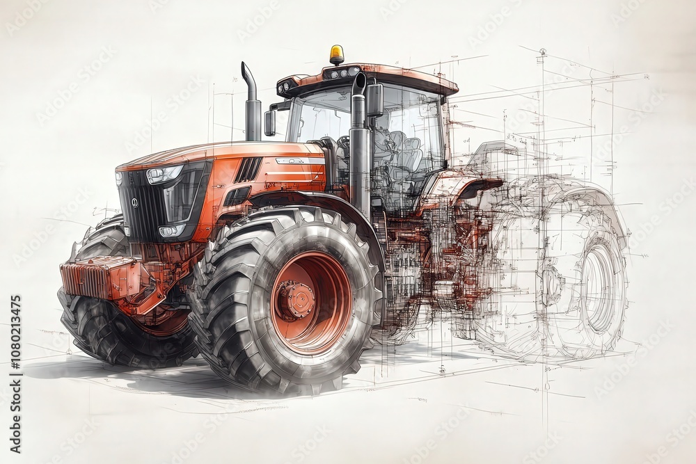 A detailed technical sketch shows a modern tractor with highlighted design features and mechanical elements, illustrating its structure and functionality in a clear and informative manner.