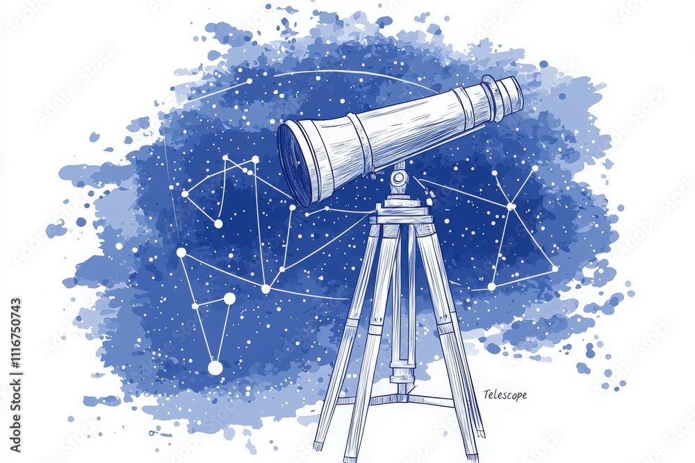 A detailed telescope is positioned prominently, surrounded by a vivid blue watercolor backdrop featuring stars and constellations. The scene evokes a sense of wonder towards the cosmos.