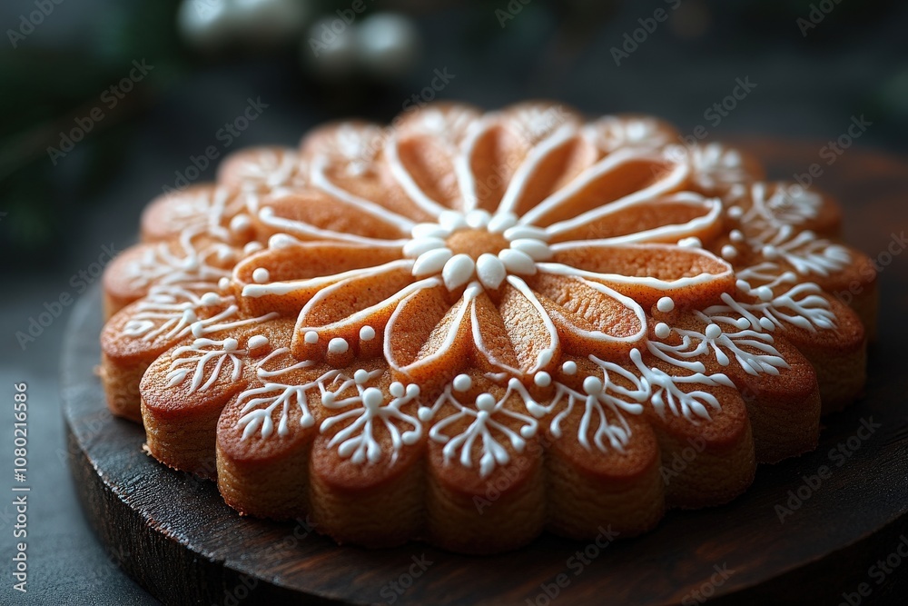 A detailed top-down view showcases a festive gingerbread ornament. The intricate icing design features floral patterns, ideal for holiday gatherings and seasonal festivities.