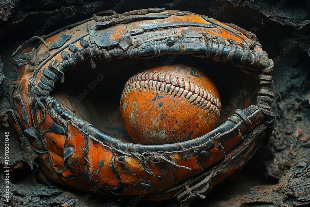 A detailed top-down view showcases an aged baseball glove holding a weathered baseball, capturing the essence of classic baseball equipment in a serene outdoor setting.