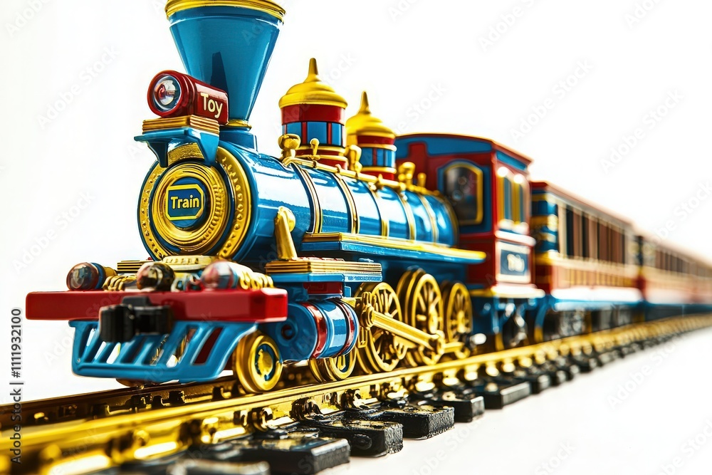A detailed toy train with vibrant colors travels along shiny metal tracks. The locomotive features ornate decorations and vintage styling, appealing to both children and collectors.
