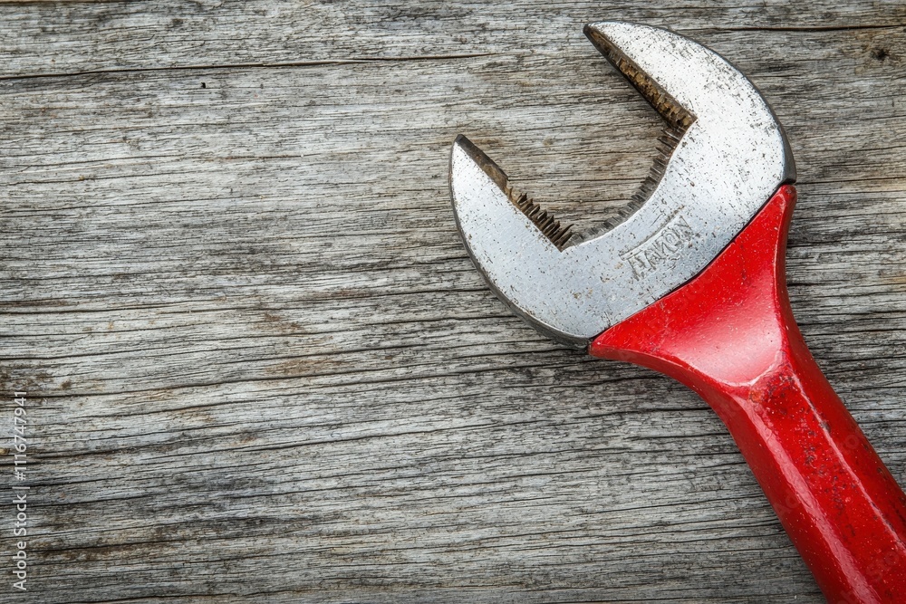 A detailed view of a red and silver adjustable wrench resting on a rustic wooden background. The tool showcases wear and tear, highlighting its utility in various repair tasks.