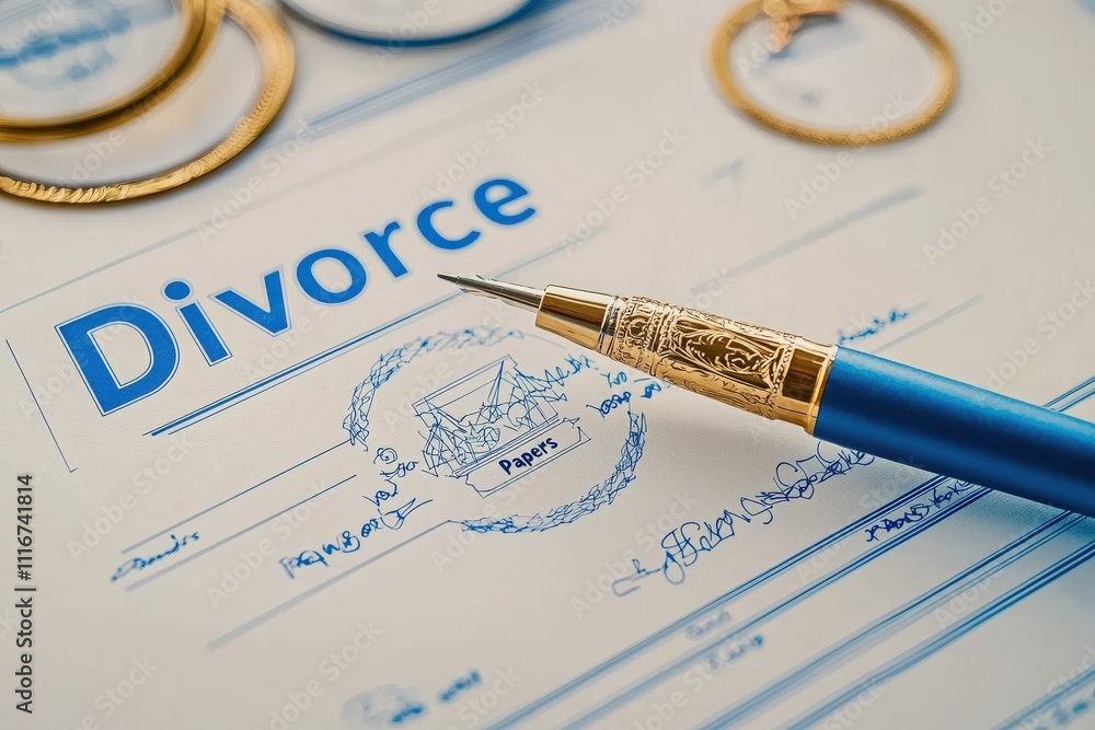 A detailed view of divorce documents sits on a desk, accompanied by a blue fountain pen. The paperwork highlights the term Divorce, indicating a legal process in progress.
