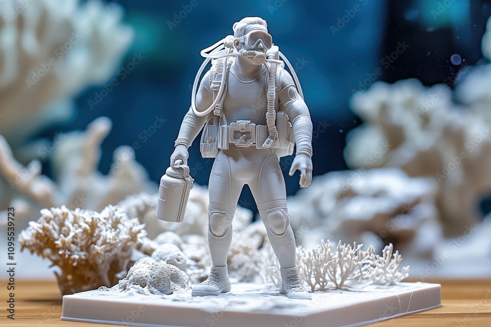 A detailed white diver figurine stands on a base amidst coral formations, symbolizing underwater exploration. The intricate design captures the essence of marine life and adventure.