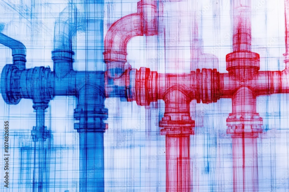A diagnostic tool is being used to analyze color-coded piping in a mechanical area, highlighting differences in pressure or flow. The environment suggests a focus on plumbing diagnostics.
