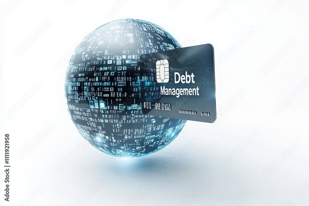 A digital globe represents global connectivity in debt management, showcasing a credit card symbolizing financial services and online solutions for better money management strategies.
