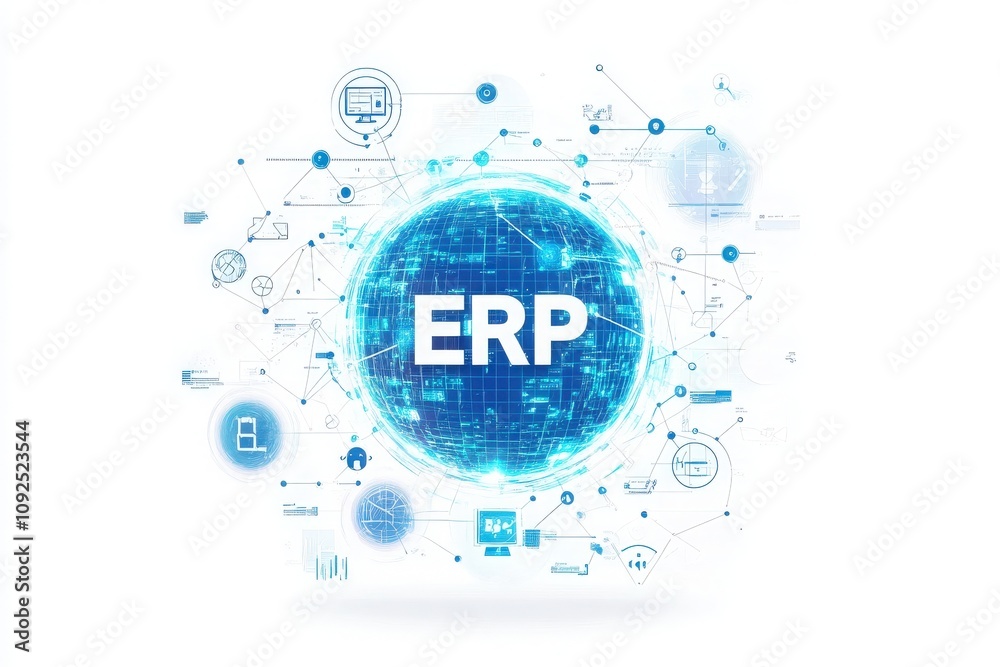 A digital globe symbolizes the interconnectedness of ERP systems, showcasing various data points and networks. This visual emphasizes the role of technology in streamlining business processes.