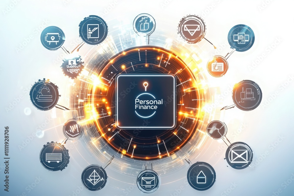 A digital graphic displays various personal finance elements interconnected around a central hub labeled Personal Finance.