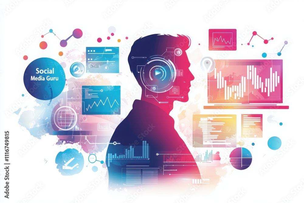 A digital marketing expert focuses on various data visualizations and graphs. The workspace features vibrant colors, highlighting technologys role in social media analysis and strategy development.