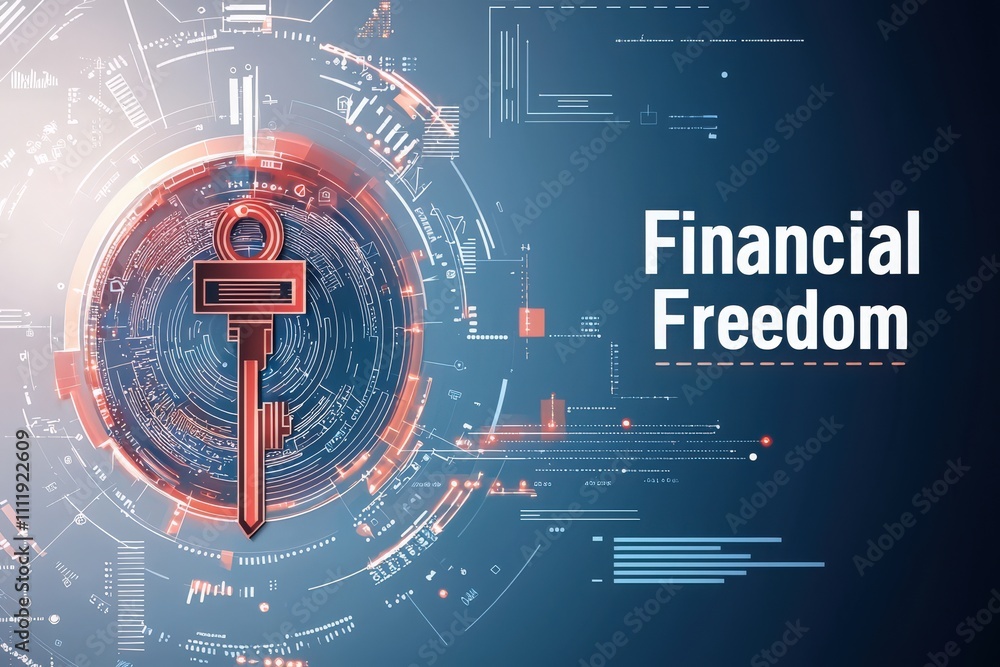 A digital representation of a key symbolizes financial freedom, surrounded by futuristic design elements. This visual highlights the blend of technology and finance, representing modern innovations.