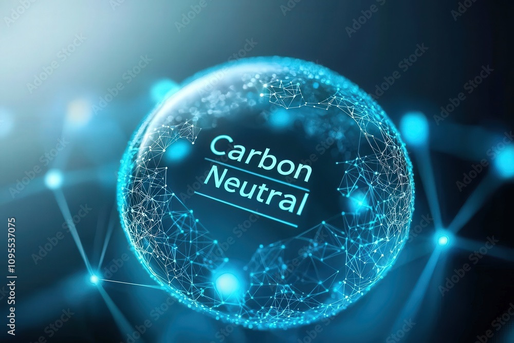 A digital representation of the carbon neutral concept showcased in a glowing sphere with interconnected lines. The design emphasizes sustainability and environmental awareness in a modern context.