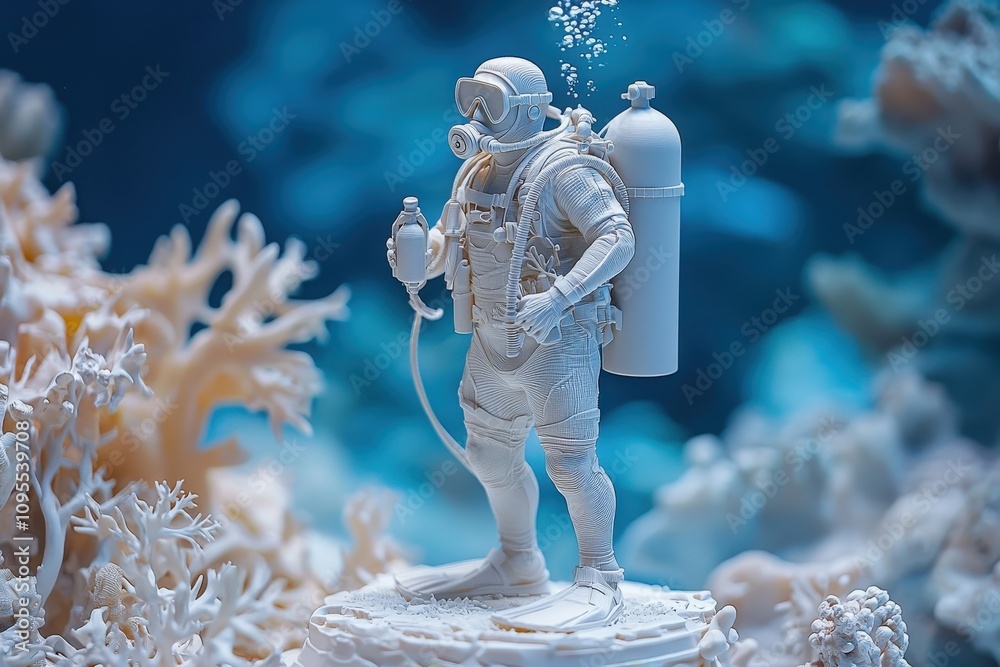 A diver stands confidently on the ocean floor surrounded by colorful coral. Bubbles rise as they prepare for an underwater adventure, highlighting the beauty of marine life.