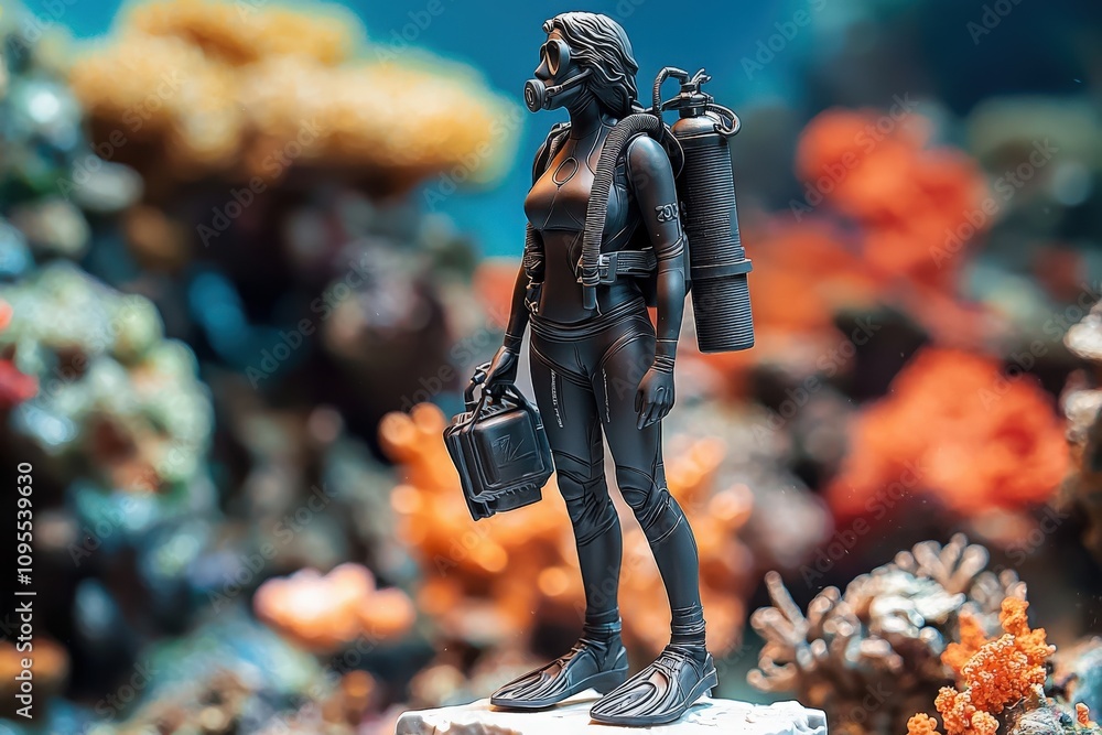 A diver stands ready to explore a lively coral reef. Wearing a wetsuit and dive gear, she holds equipment while surrounded by various coral and aquatic life, showcasing the oceans beauty.