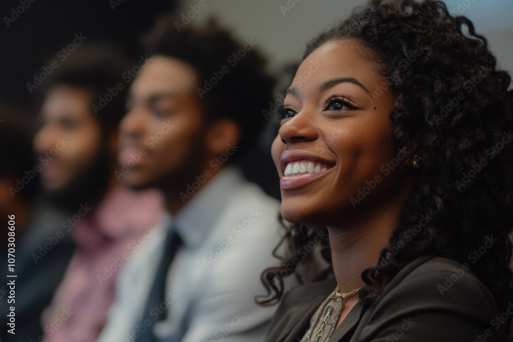 A diverse group of Black individuals attending a corporate presentation, expressive smiles showcasing engagement and positivity, with an atmosphere of enthusiasm and connection.
