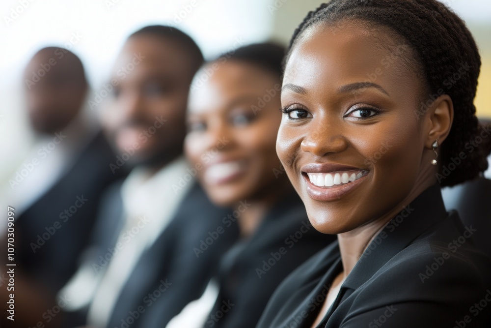 A diverse group of black professionals are engaged and smiling during a presentation at the office. Their positive expressions radiate enthusiasm and teamwork, creating an uplifting atmosphere.