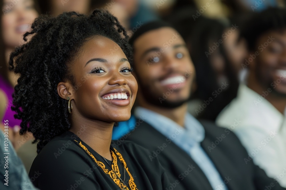 A diverse group of individuals smiles joyfully during a lively presentation, showing engagement and enthusiasm for the speakers message in a bright, casual setting.