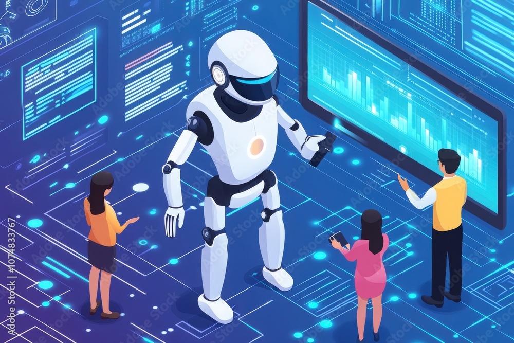 A diverse team of Asian professionals engages with an AI robot in a tech-focused environment, analyzing data on large screens while exploring advanced machine learning applications.