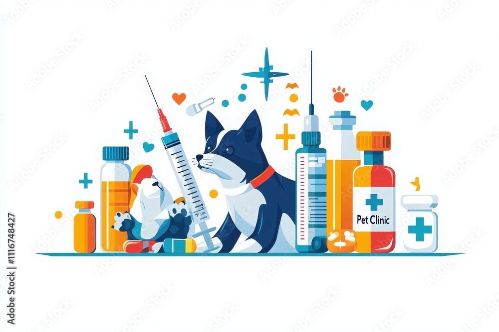 A dog is seated among various medical supplies, including syringes and bottles. This scene highlights the importance of animal health and veterinary services in caring for pets.