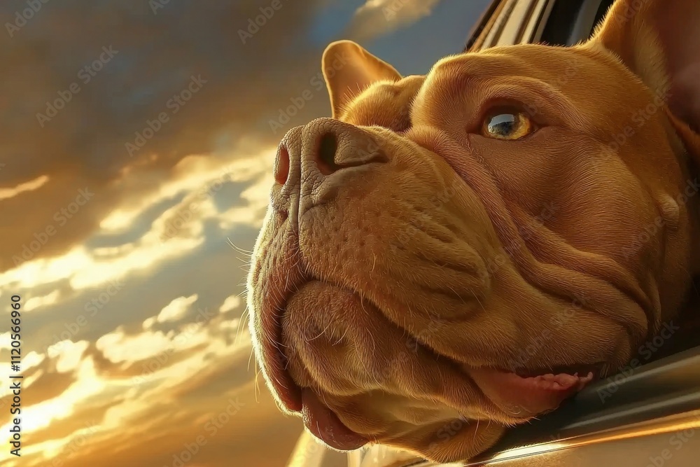 A dog leans out of a car window, enjoying the warm breeze during a picturesque sunset. The vibrant sky features shades of orange and yellow, creating a serene atmosphere.