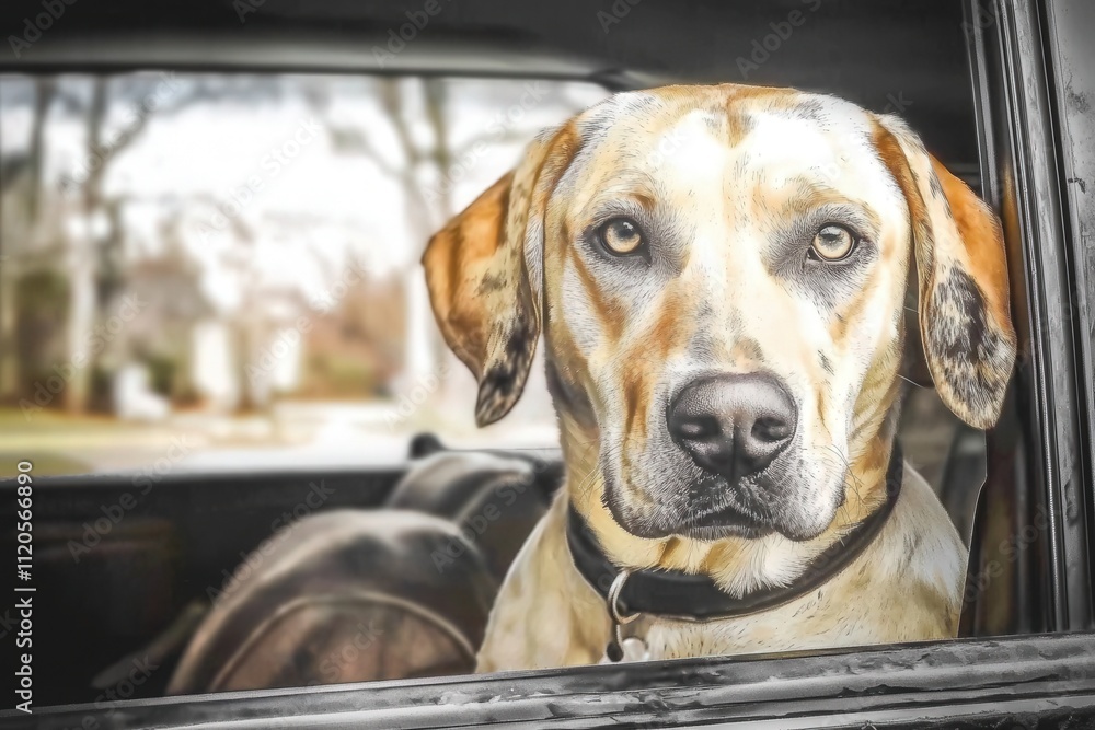 A dog with striking eyes looks out from the open window of a parked car. The surrounding environment features trees and a street, creating a peaceful urban setting.