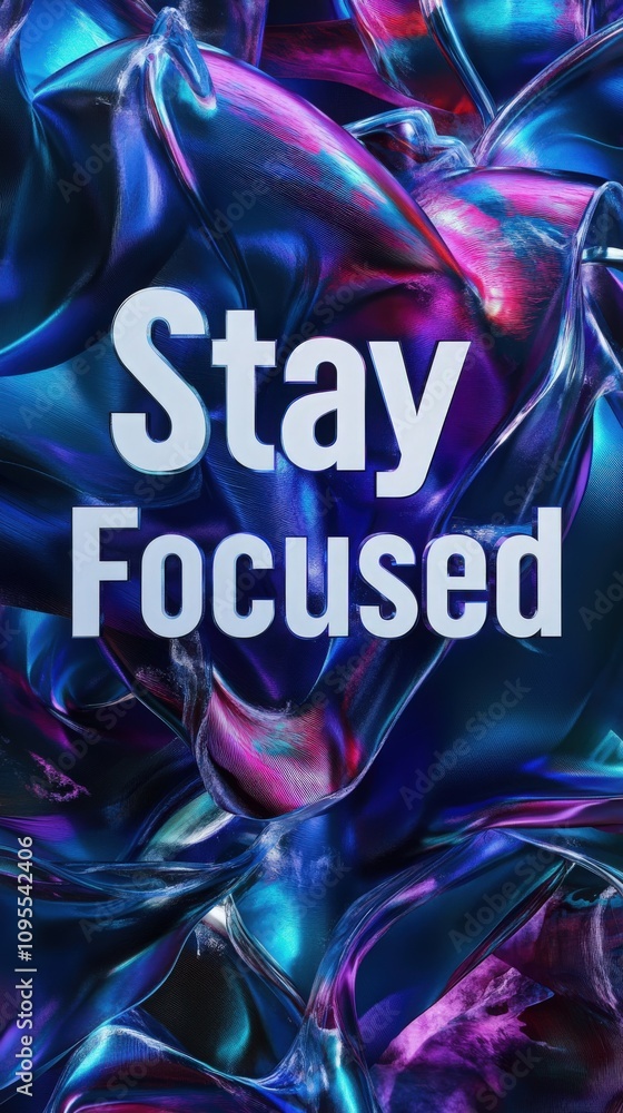 A dynamic and colorful abstract design featuring swirling shapes in shades of blue and purple. The bold text Stay Focused serves as an inspiring reminder against this mesmerizing backdrop.