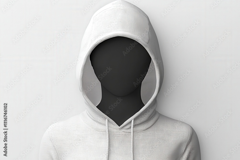 A faceless figure dressed in a white hoodie is positioned against a plain, light-colored background. The hood obscures the persons identity, creating an air of mystery.