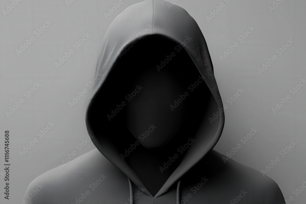 A faceless figure wearing a dark hoodie stands against a plain grey backdrop. The lack of facial features adds an element of mystery, drawing attention and sparking imagination.