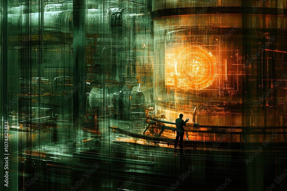 A factory worker engages with a holographic display, examining complex machinery in a high-tech environment. The setting is illuminated by vibrant digital interfaces and industrial components.