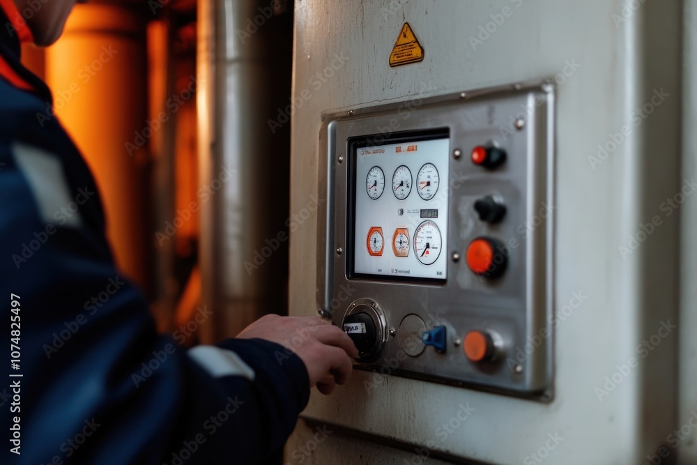 A factory worker is engaged with a holographic display, adjusting controls on a machine. The environment is industrial and busy, reflecting advanced technology in manufacturing settings.