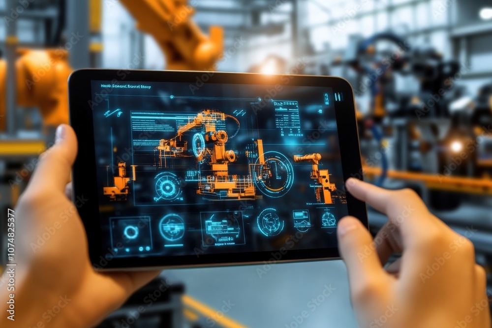 A factory worker uses a holographic display to control machinery and monitor production processes in a high-tech environment. Advanced technology is shaping efficient operations in the factory.