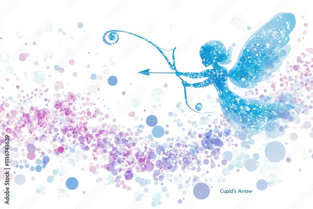 A fairy with delicate wings aims a sparkling bow and arrow amidst vibrant swirls and colorful dots. The design captures a whimsical and enchanting atmosphere.