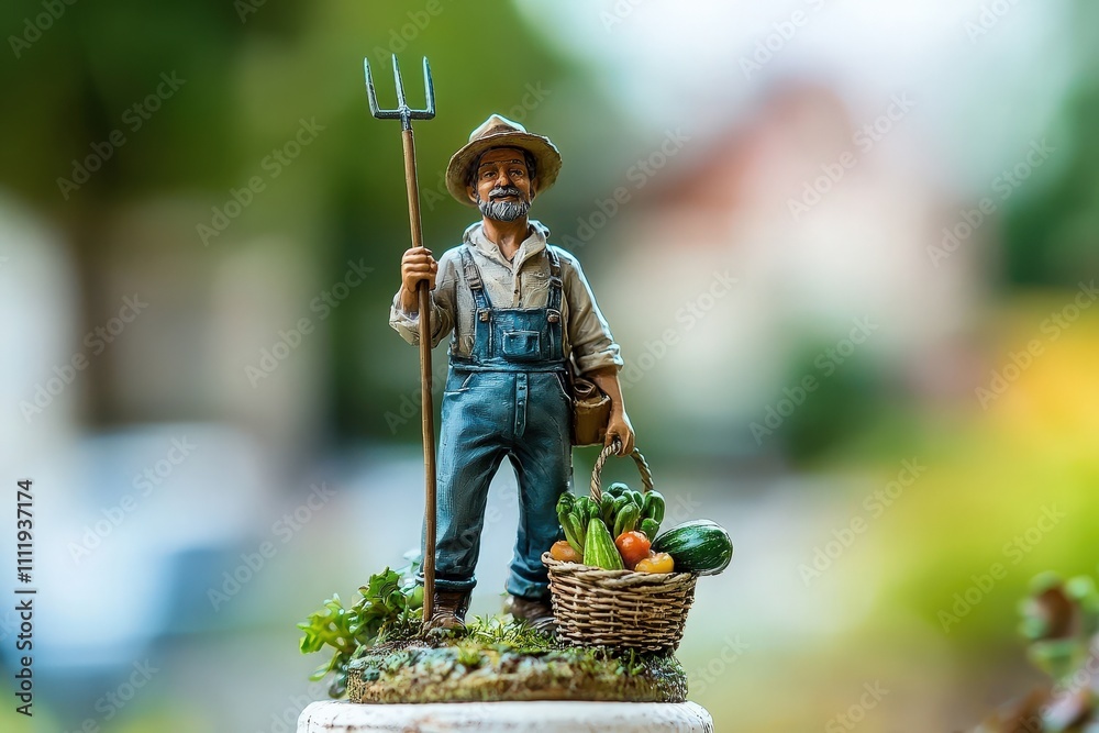 A farmer stands proudly in a garden, holding a pitchfork in one hand and a basket filled with fresh vegetables in the other. The scene is vibrant, showcasing a lush background.