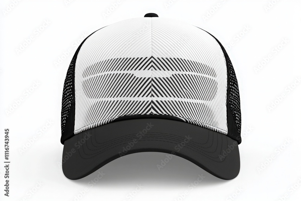 A fashionable cap featuring a striking black and white geometric pattern on its front. It has a classic mesh back, ideal for casual outings or sports activities during warm weather.